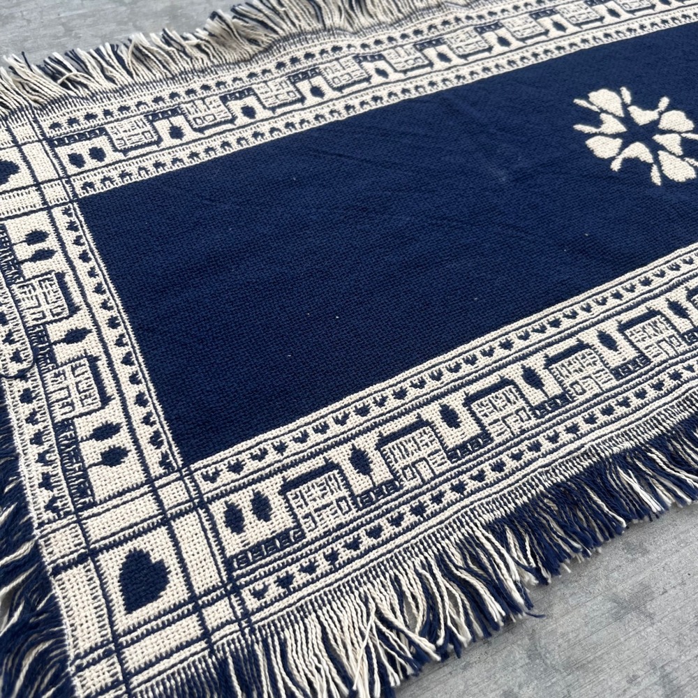 Vintage Woven Navy Blue Cream Folk Art House Heart Fringe Table Runner 50x16